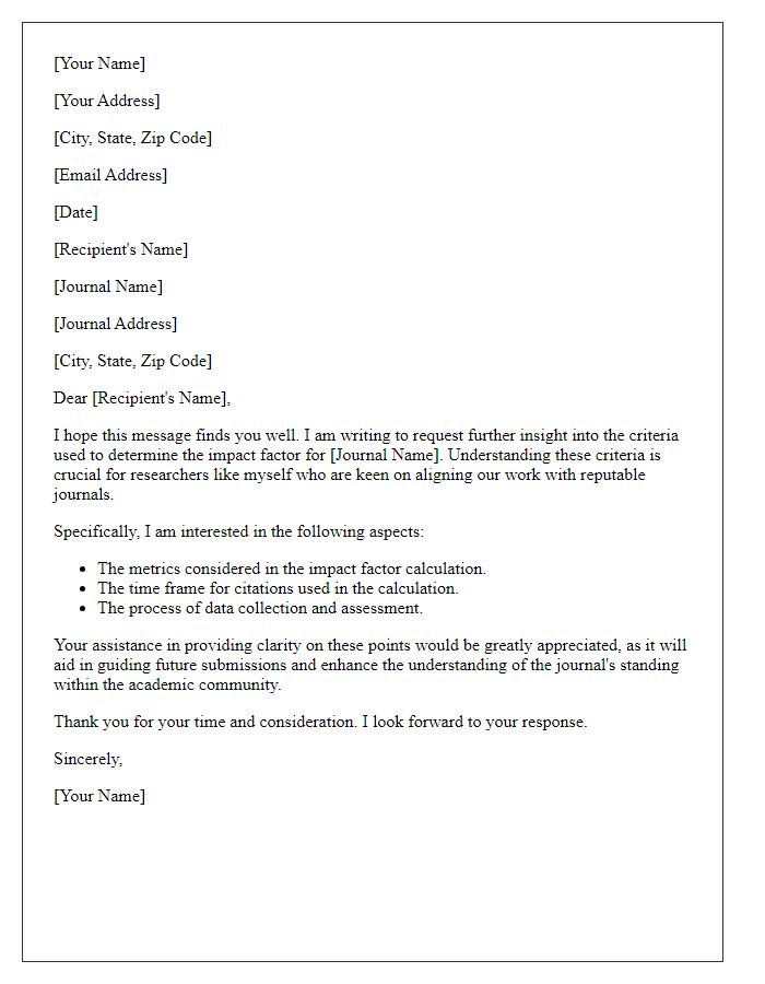 Letter template of request for insight into the journals impact factor criteria.