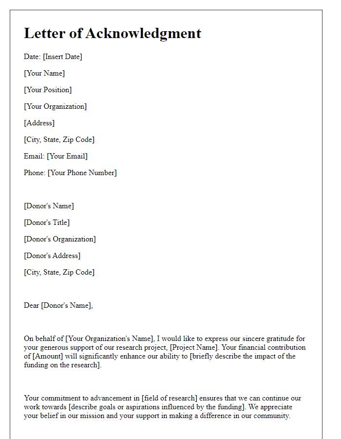 Letter template of acknowledgment for philanthropic research funding