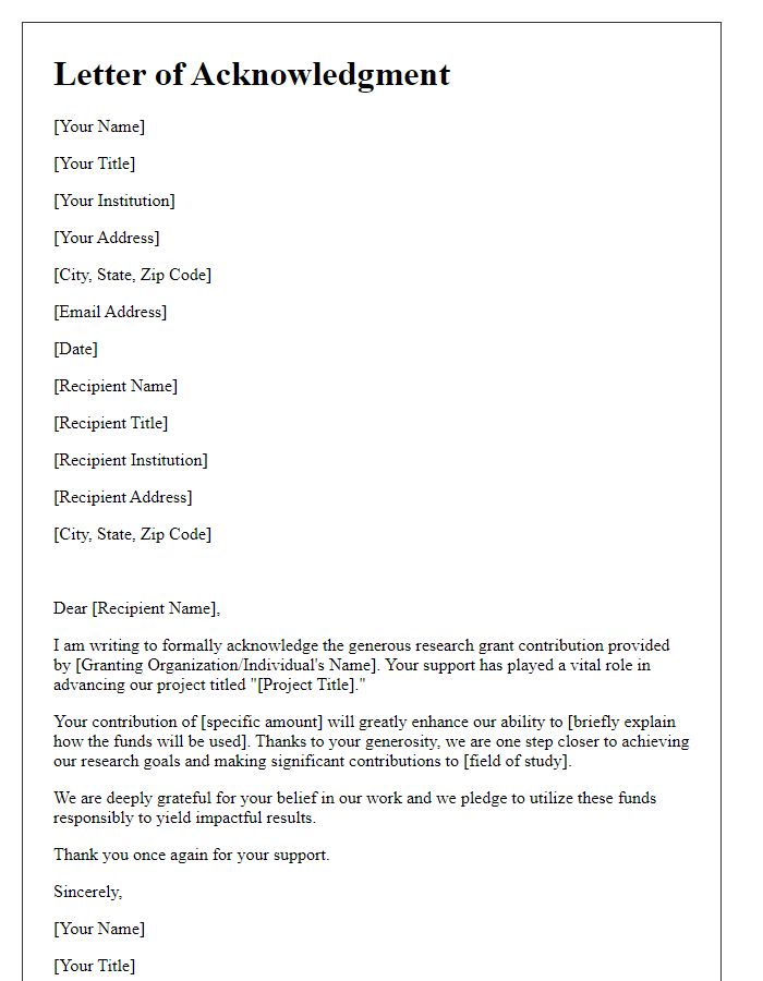 Letter template of acknowledgment for research grant contribution