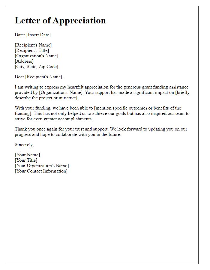 Letter template of appreciation for grant funding assistance