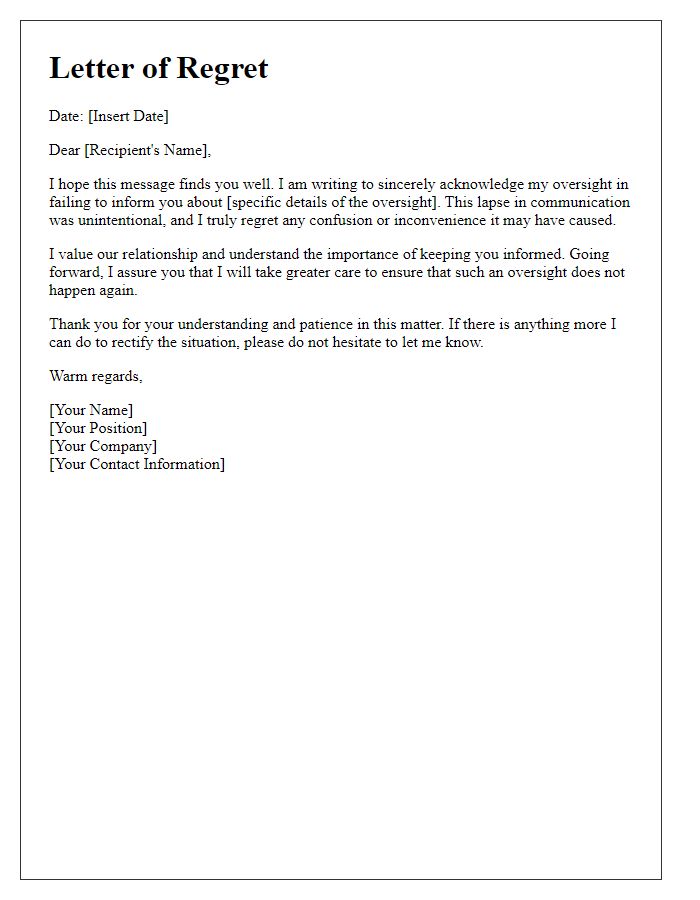 Letter template of regretful acknowledgment for my oversight in informing you.