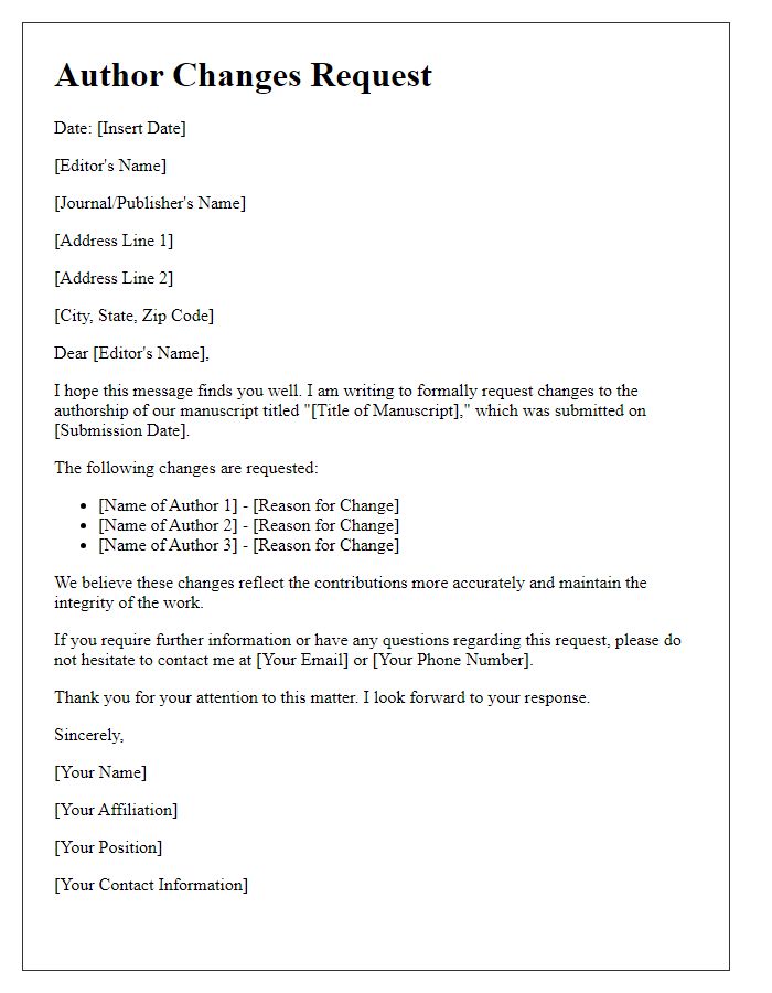 Letter template of author changes request