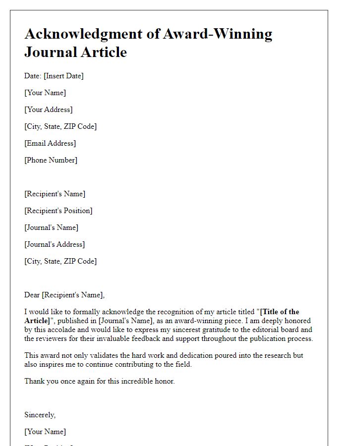 Letter template of acknowledgment for award-winning journal article