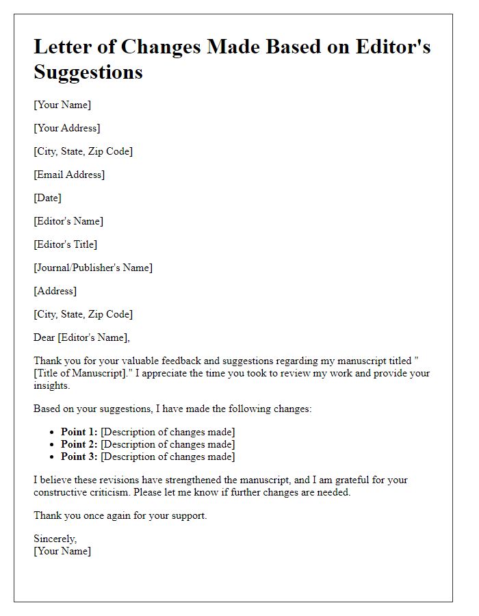 Letter template of changes made based on editor's suggestions