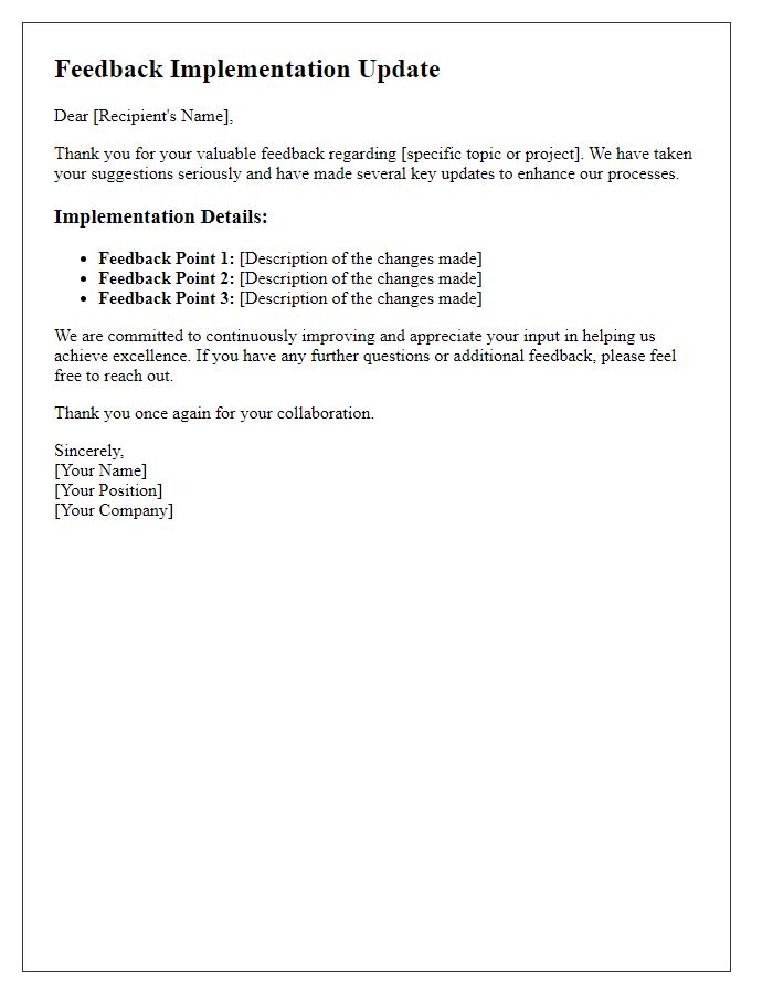 Letter template of feedback implementation update