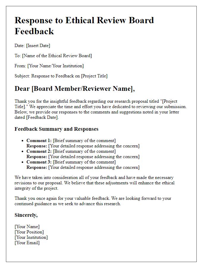 Letter template of ethical review board feedback response