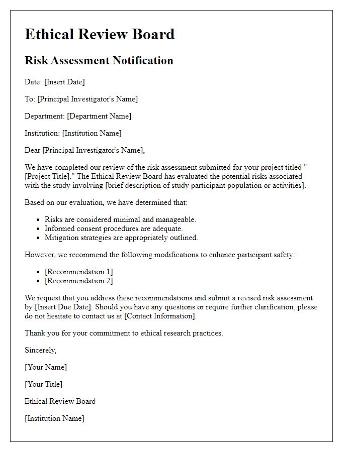 Letter template of ethical review board risk assessment notification