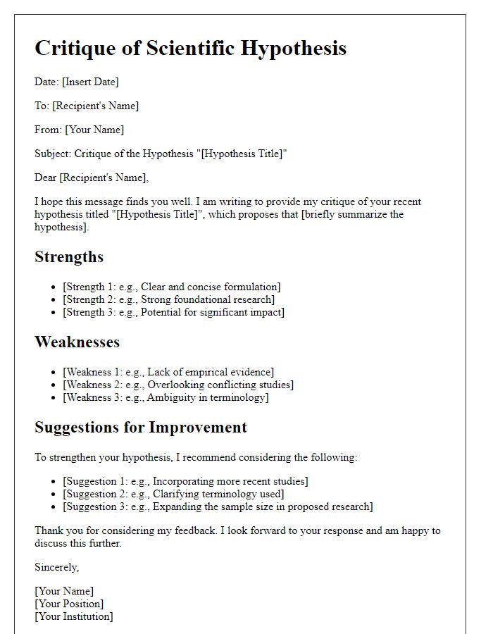 Letter template of scientific hypothesis critique