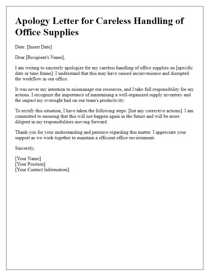 Letter template of apology for the careless handling of office supplies.