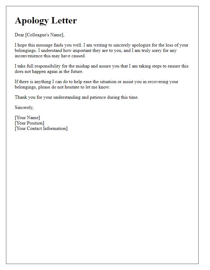 Letter template of apology for losing a colleague's belongings.