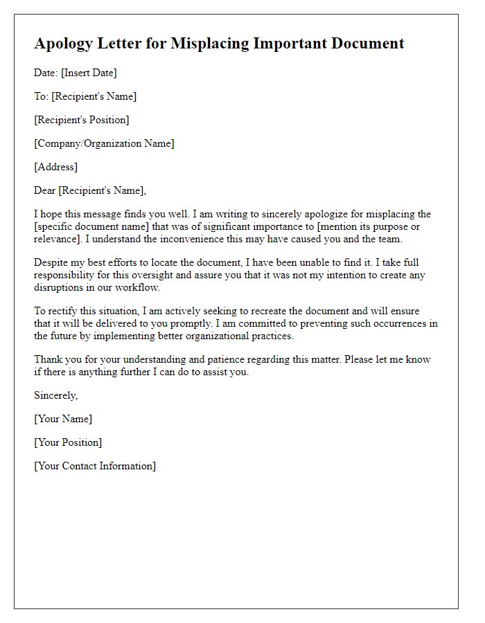 Letter template of apology for misplacing an important document.