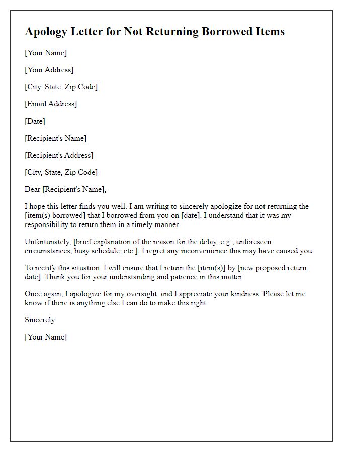 Letter template of apology for not returning borrowed items.