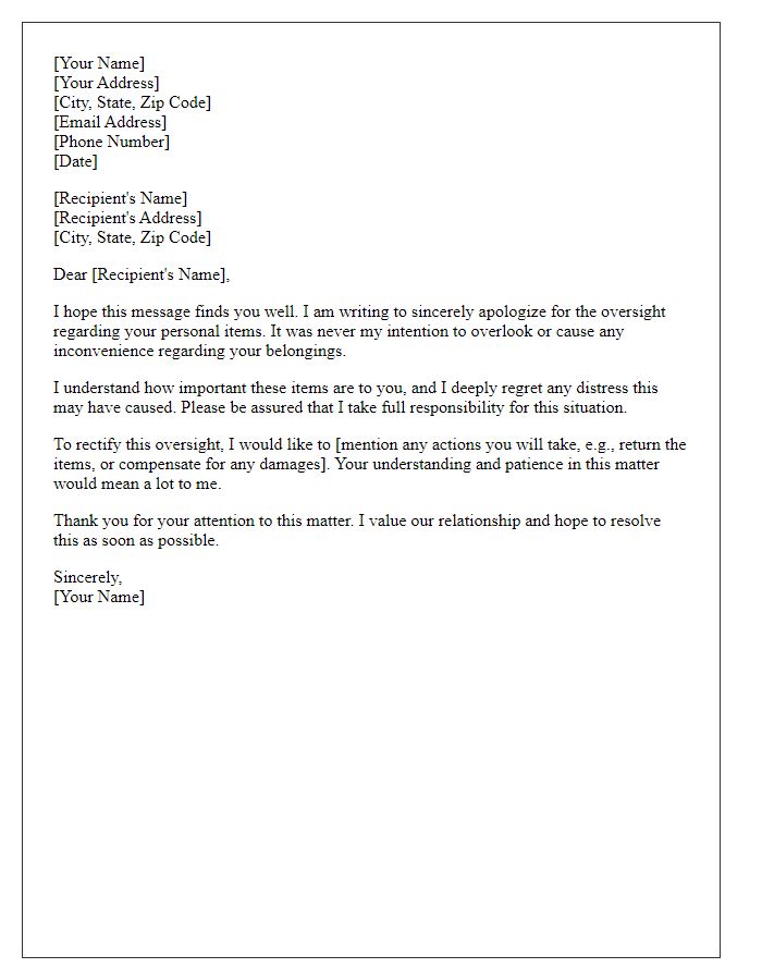 Letter template of apology for the oversight in personal items.