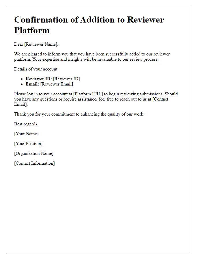 Letter template of confirmation for addition to reviewer platform