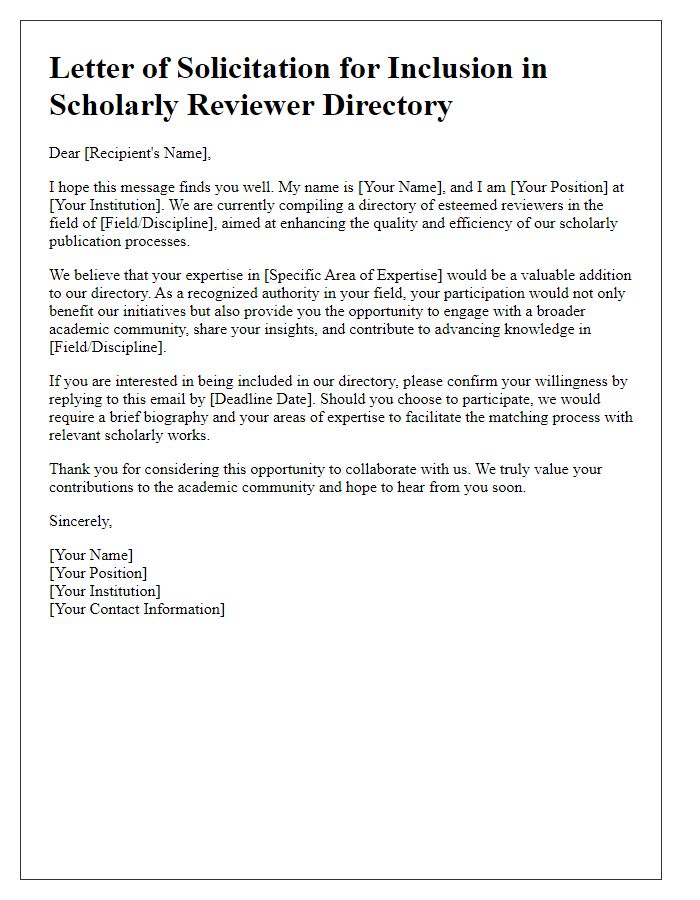 Letter template of solicitation for inclusion in scholarly reviewer directory