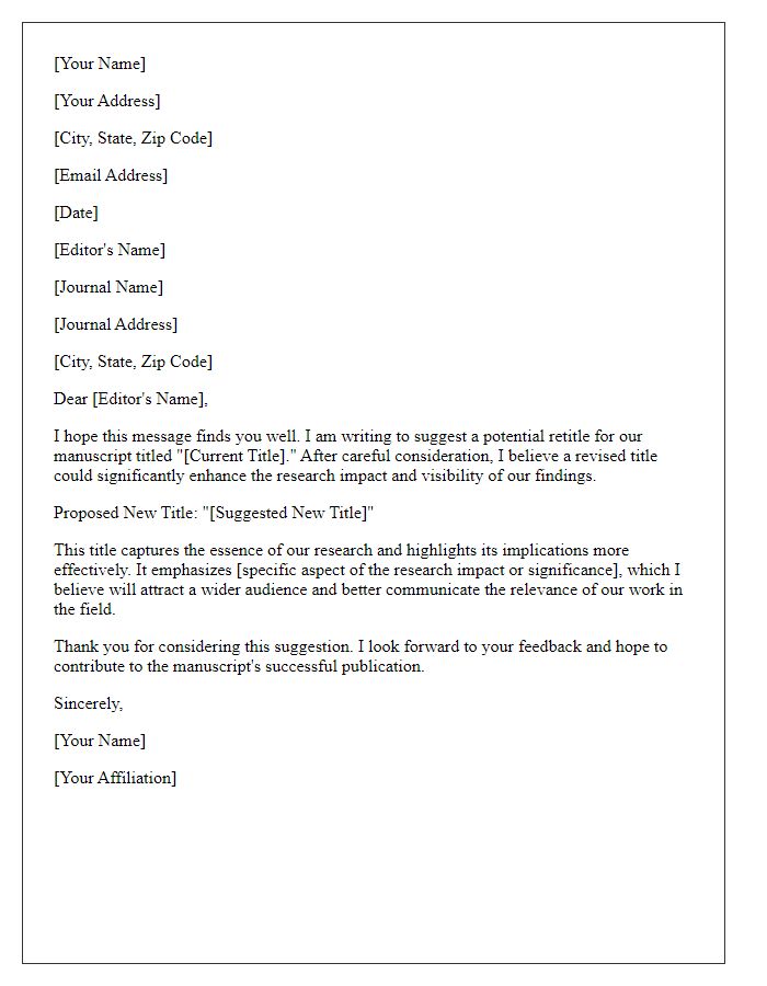 Letter template of manuscript retitle suggestion emphasizing research impact