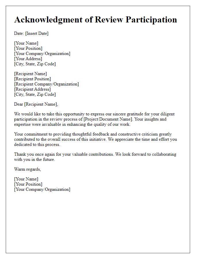 Letter template of acknowledgment for diligent review participation