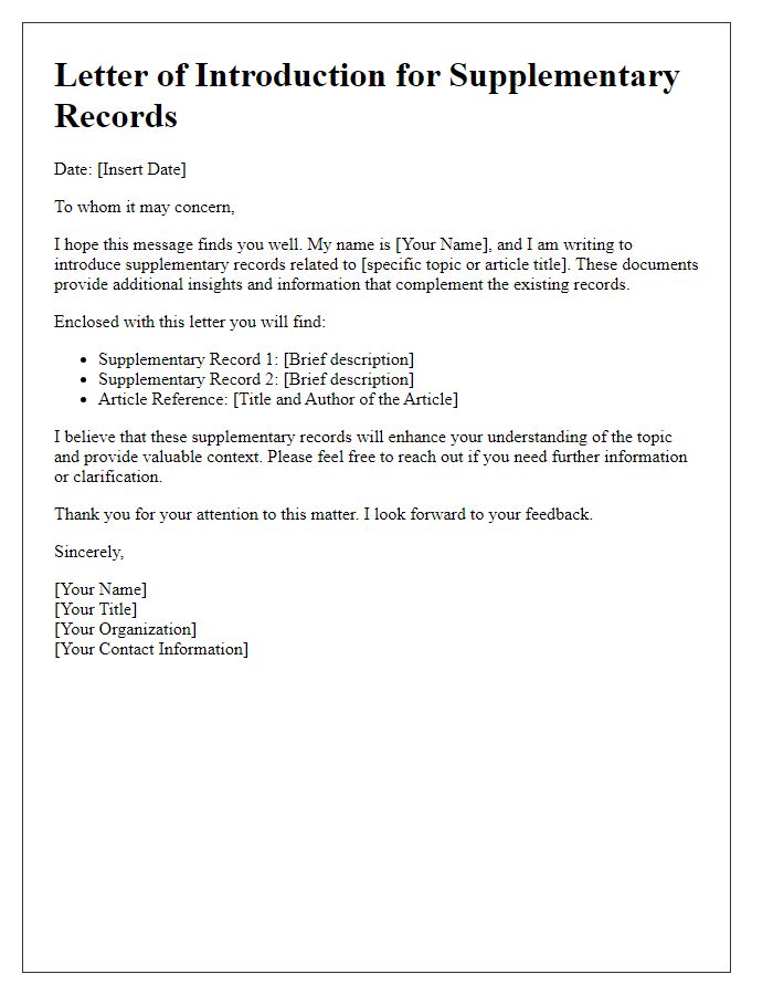 Letter template of introduction for supplementary records with article