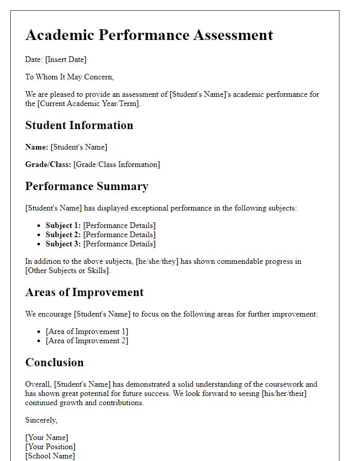 Letter template of academic performance assessment.