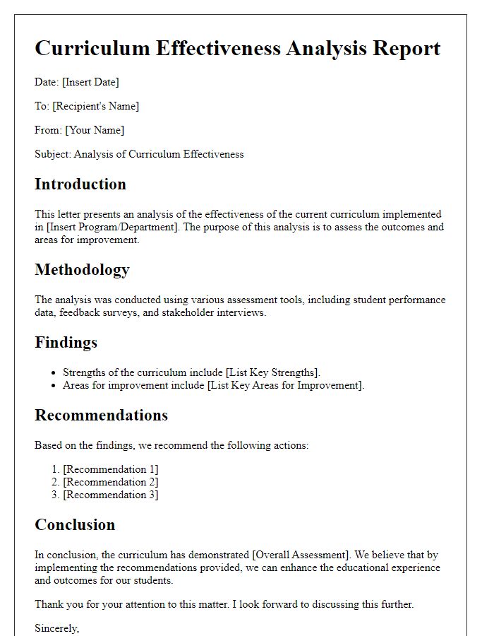 Letter template of curriculum effectiveness analysis.