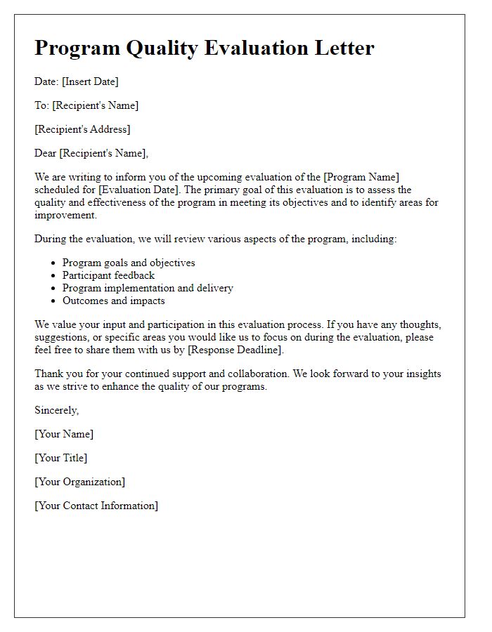 Letter template of program quality evaluation.