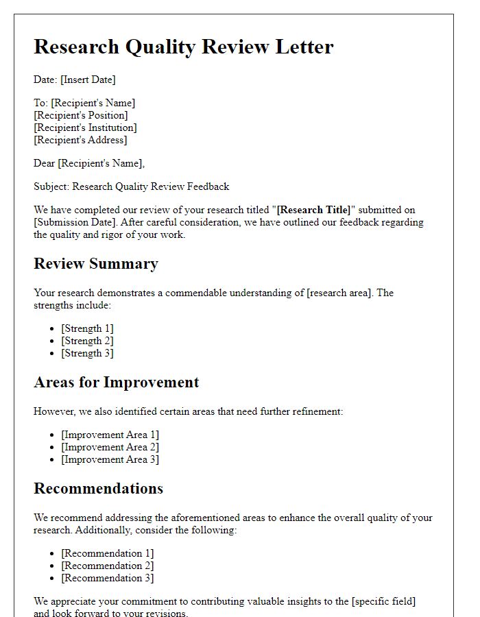 Letter template of research quality review.