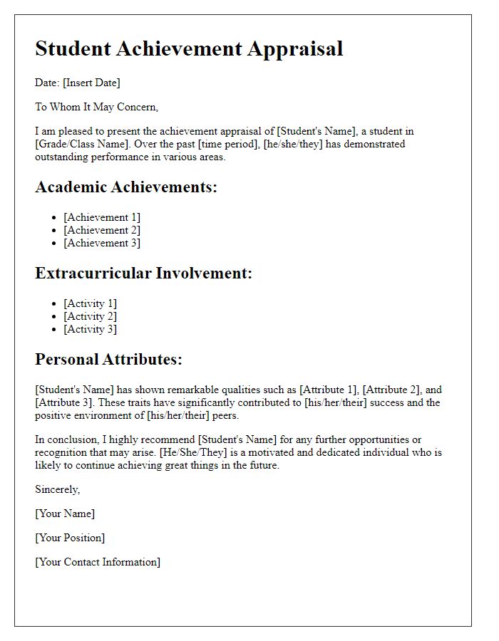 Letter template of student achievement appraisal.