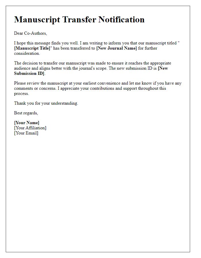 Letter template of manuscript transfer notification to co-authors.