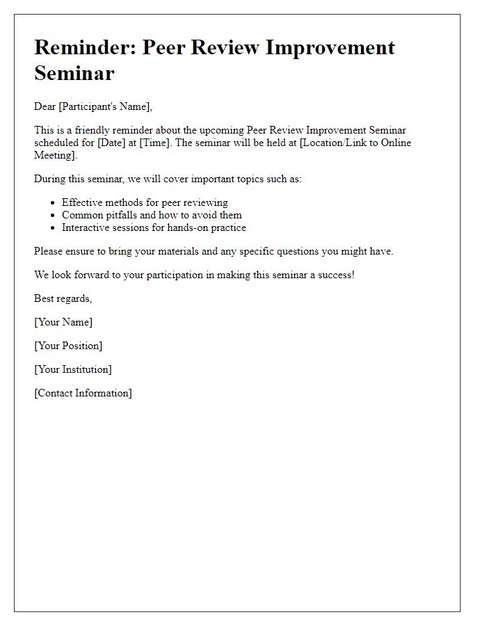 Letter template of participant's reminder for peer review improvement seminar