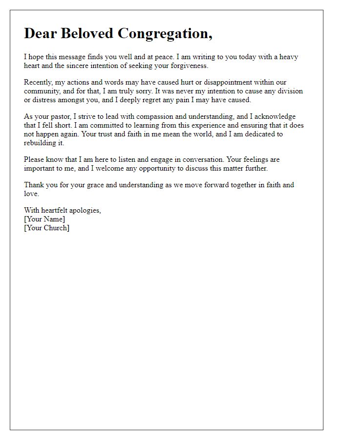 Letter template of heartfelt apology to church congregation.