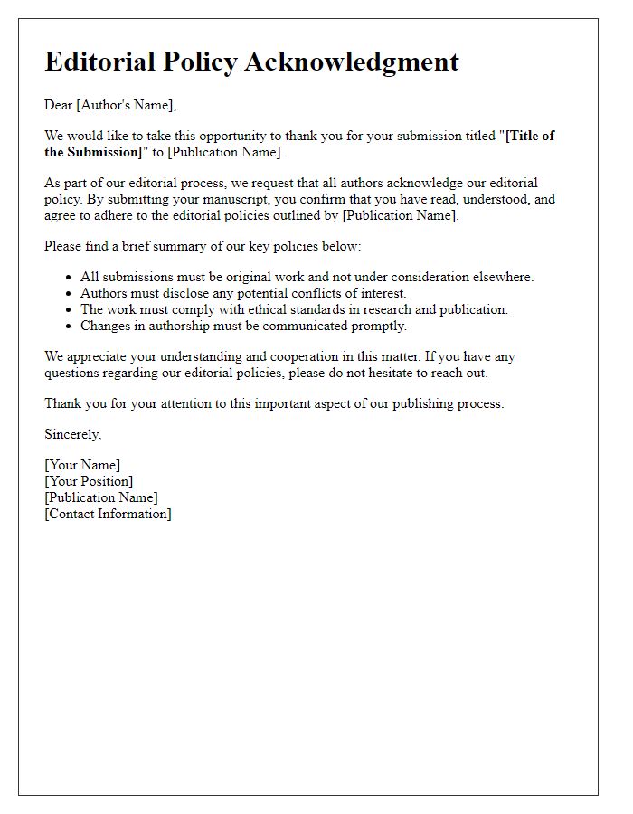 Letter template of editorial policy acknowledgment