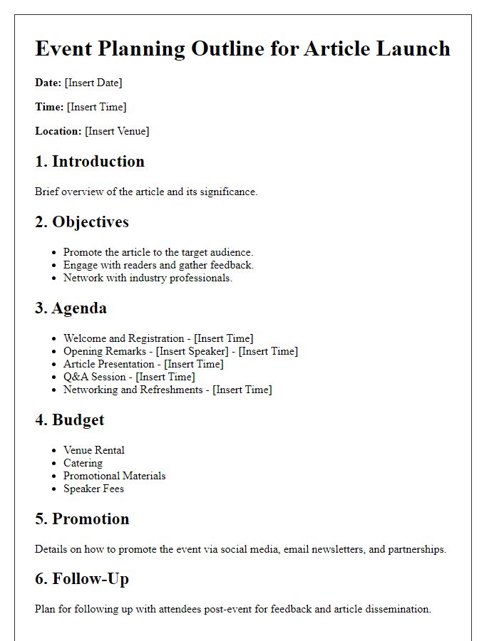 Letter template of event planning outline for article launch.