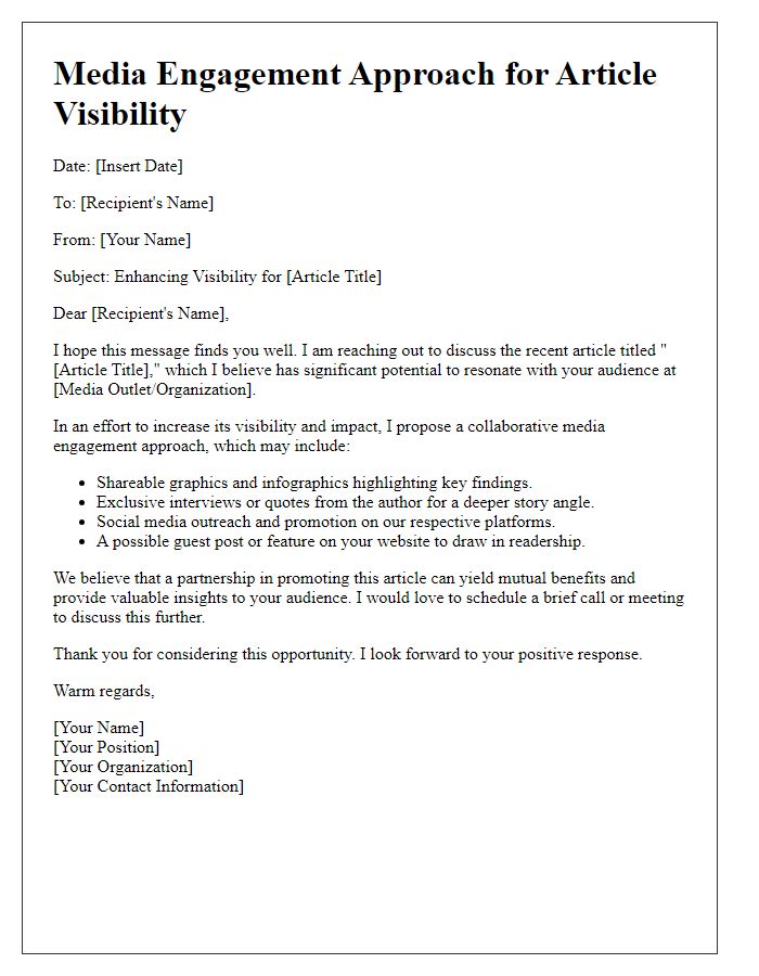Letter template of media engagement approach for article visibility.