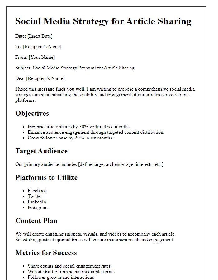 Letter template of social media strategy for article sharing.