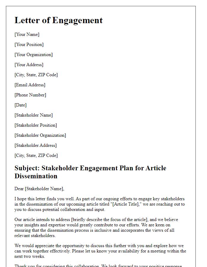 Letter template of stakeholder engagement plan for article dissemination.