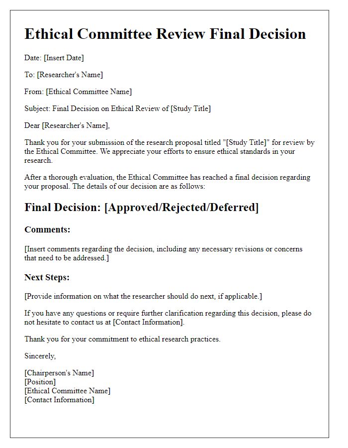Letter template of ethical committee review final decision communication