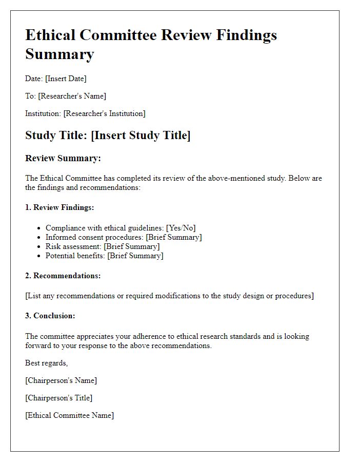 Letter template of ethical committee review findings summary