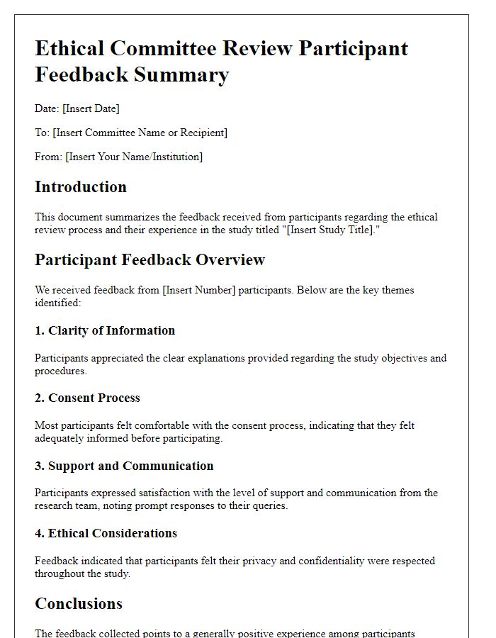 Letter template of ethical committee review participant feedback summary