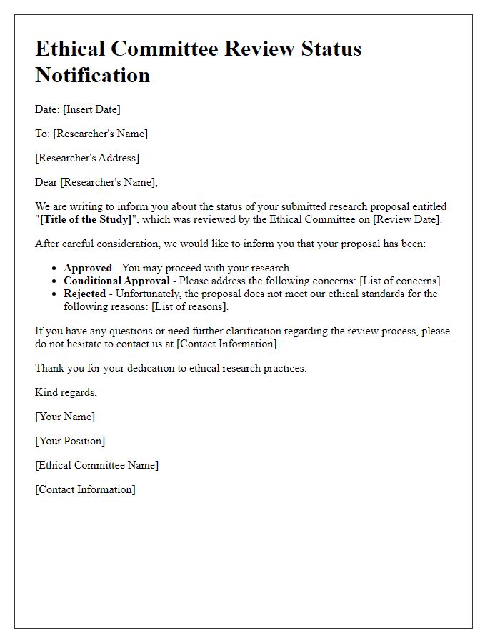 Letter template of ethical committee review status notification