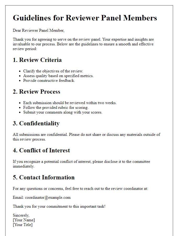 Letter template of guidelines for reviewer panel members.