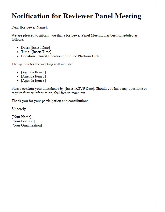 Letter template of notification for reviewer panel meeting schedule.