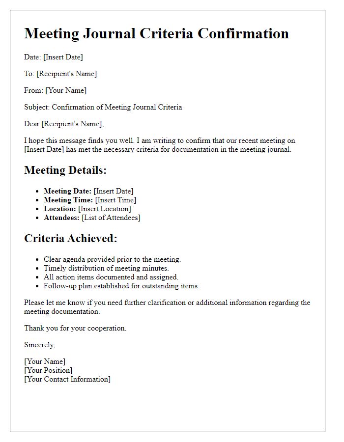 Letter template of meeting journal criteria