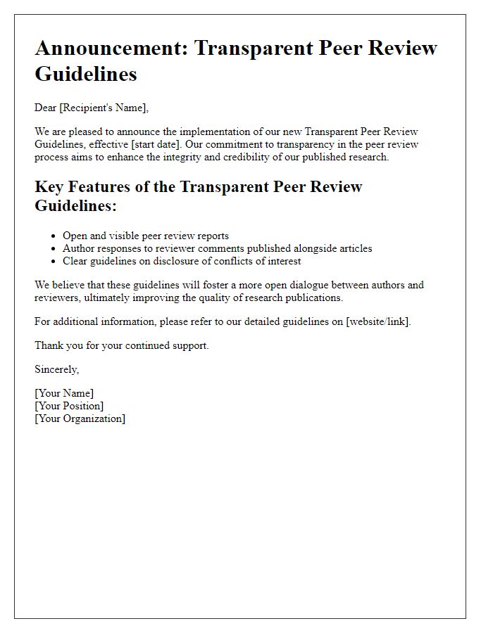 Letter template of announcement for transparent peer review guidelines