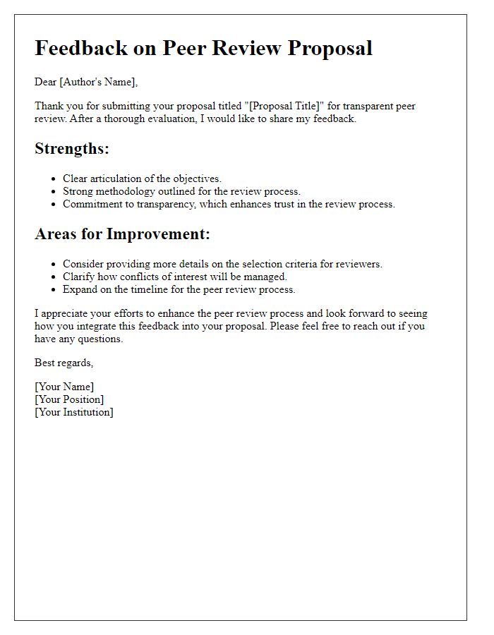 Letter template of feedback for transparent peer review proposals