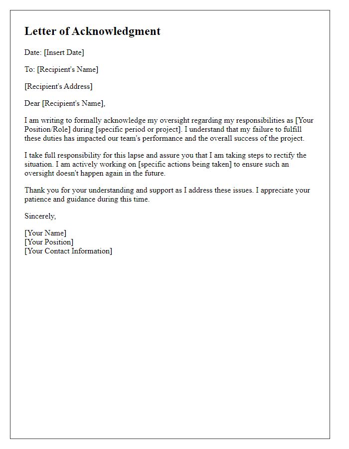 Letter template of acknowledgment for overlooking responsibilities