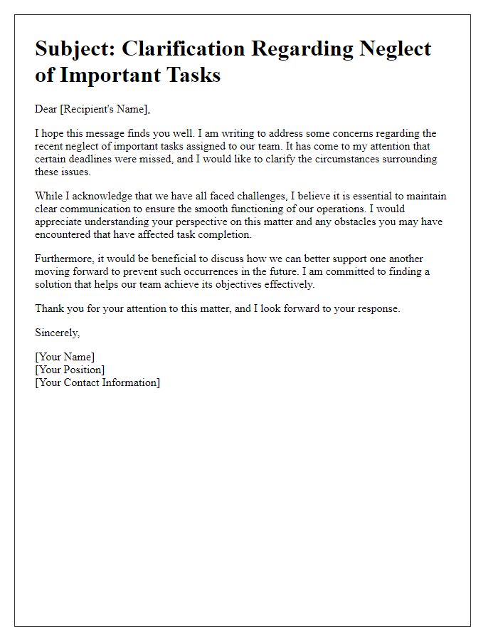 Letter template of clarification on neglecting important tasks