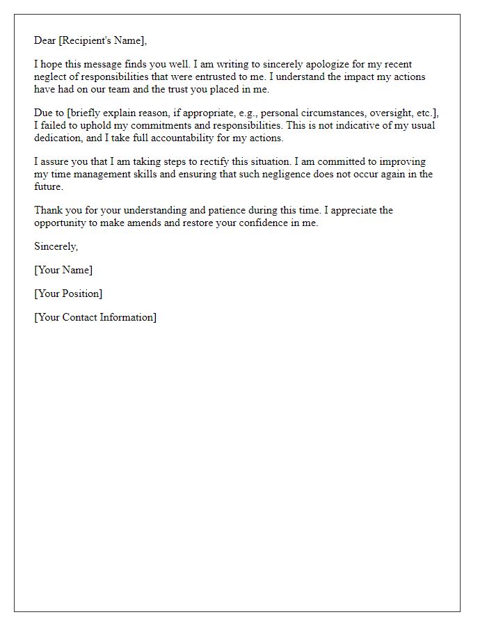 Letter template of sincere apology for neglecting responsibilities