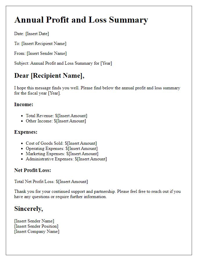 Letter template of annual profit and loss summary