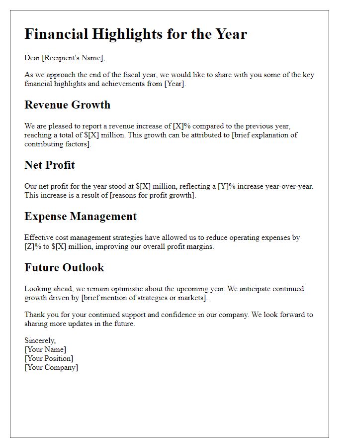 Letter template of financial highlights for the year