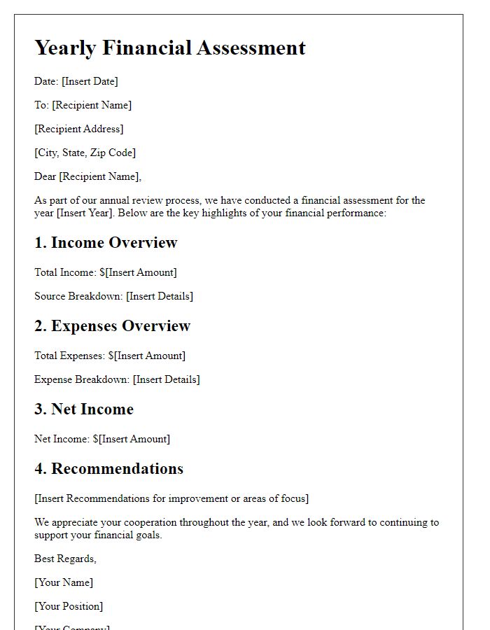 Letter template of yearly financial assessment